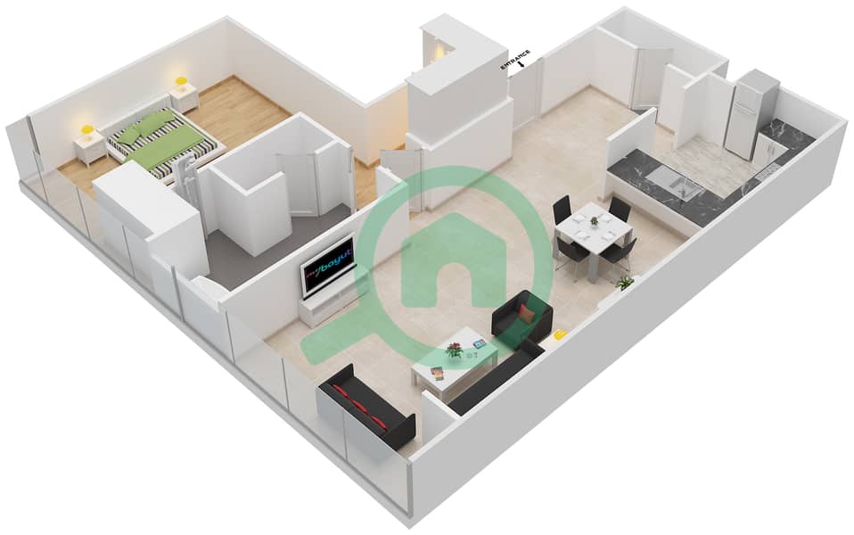 拉古娜大厦 - 1 卧室公寓类型F1戶型图 interactive3D