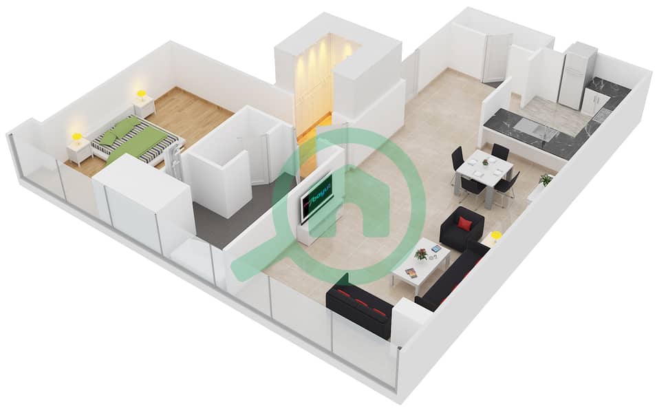 المخططات الطابقية لتصميم النموذج F شقة 1 غرفة نوم - برج لاجونا interactive3D