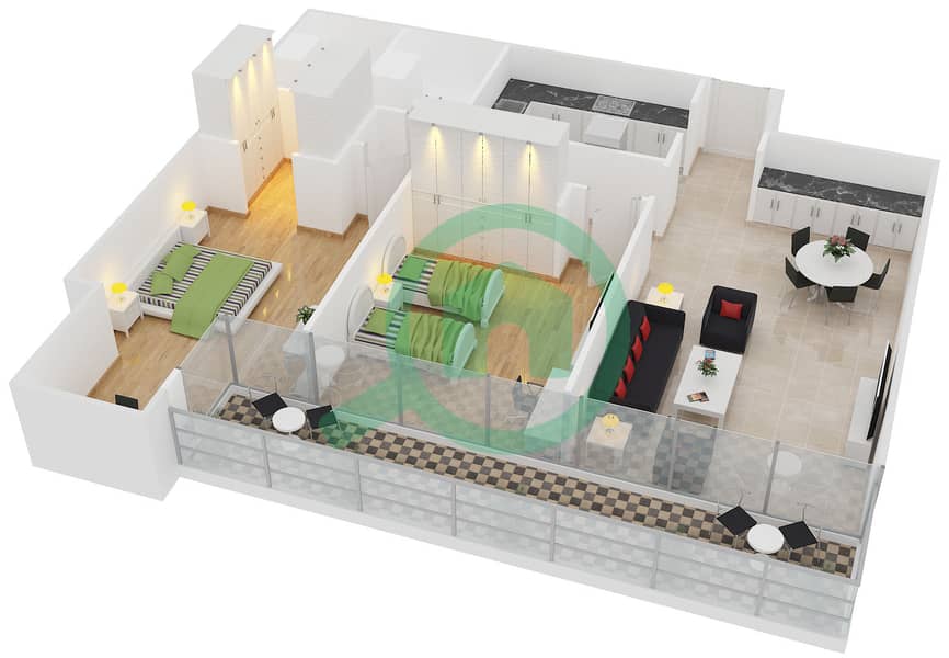 靛蓝大厦 - 2 卧室公寓类型／单位A/9戶型图 interactive3D