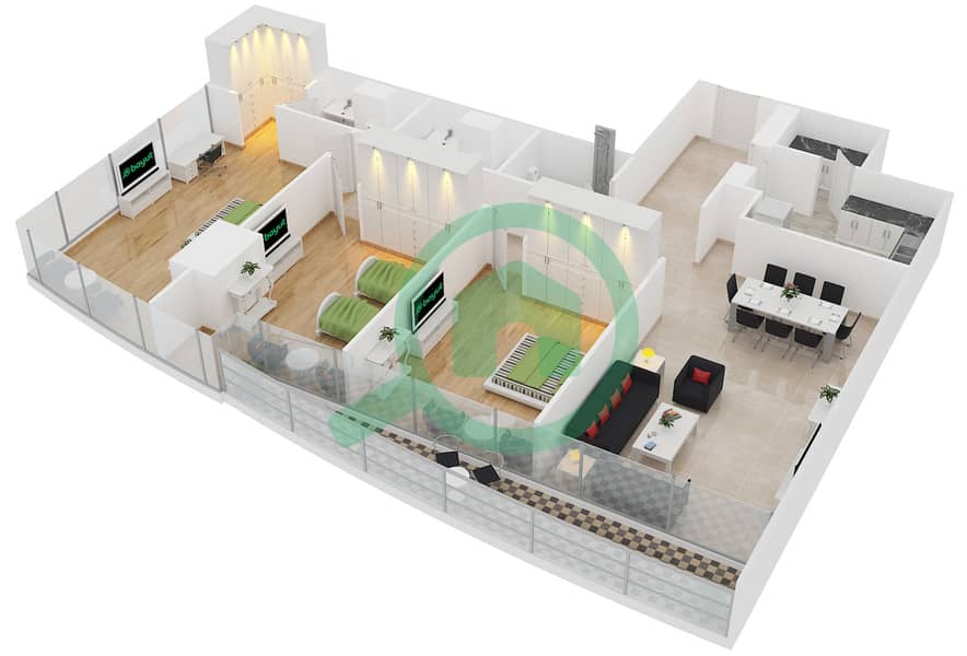 المخططات الطابقية لتصميم النموذج / الوحدة C/5 شقة 3 غرف نوم - برج إنديغو interactive3D