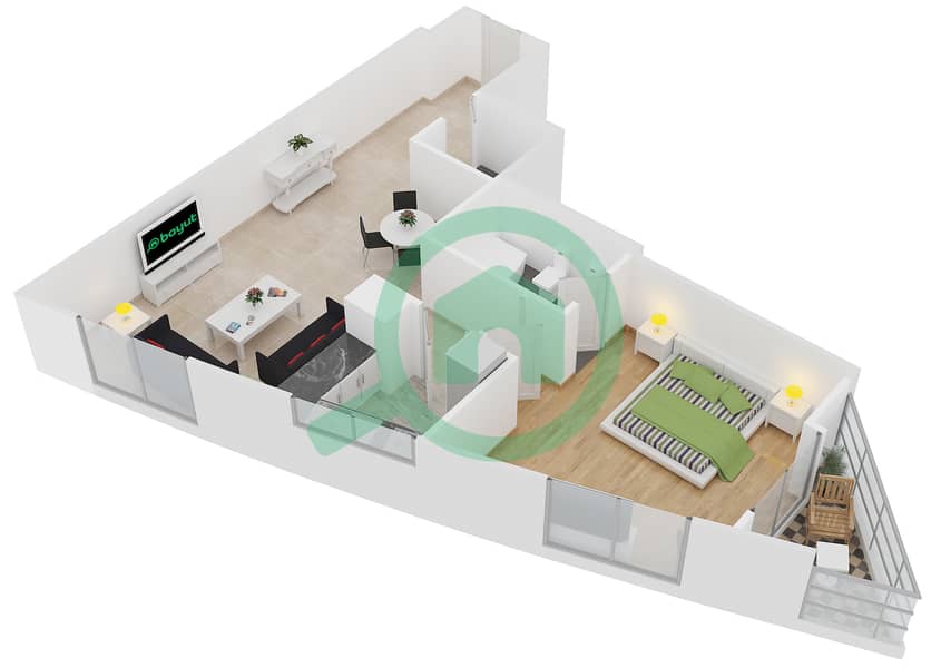 المخططات الطابقية لتصميم النموذج J-2 شقة 1 غرفة نوم - برج أيكون 1 interactive3D