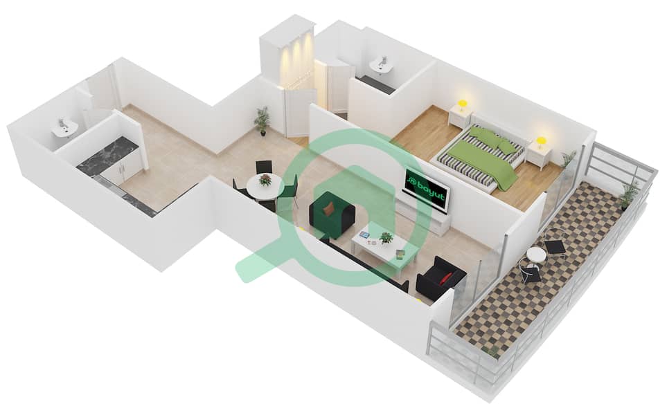 المخططات الطابقية لتصميم النموذج H-4 شقة 1 غرفة نوم - برج أيكون 1 interactive3D