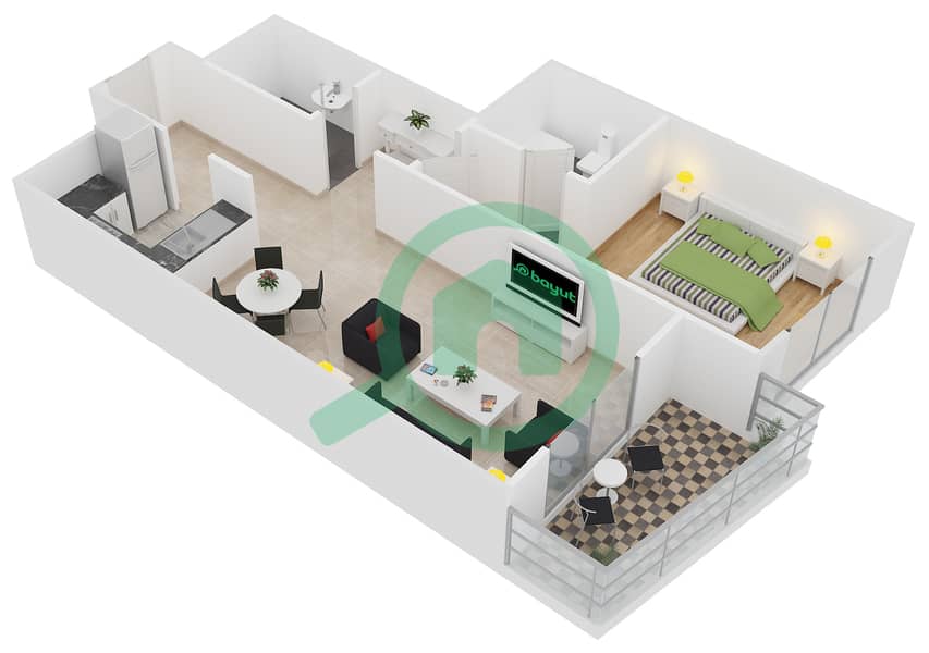 المخططات الطابقية لتصميم النموذج G-5 شقة 1 غرفة نوم - برج أيكون 1 interactive3D