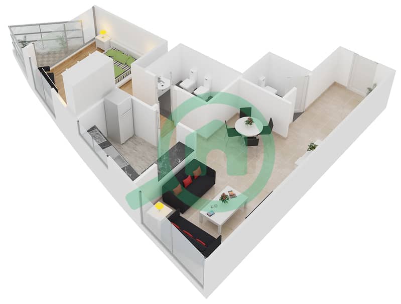 المخططات الطابقية لتصميم النموذج F-6 شقة 1 غرفة نوم - برج أيكون 1 interactive3D