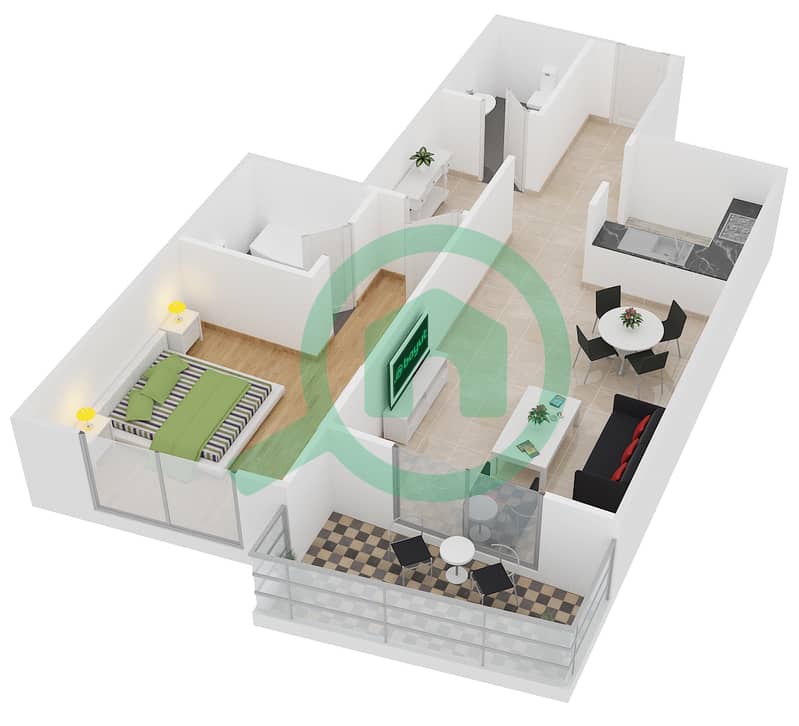 المخططات الطابقية لتصميم النموذج C-6 شقة 1 غرفة نوم - برج أيكون 1 interactive3D