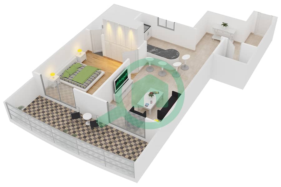 المخططات الطابقية لتصميم النموذج B-7 شقة 1 غرفة نوم - برج أيكون 1 interactive3D