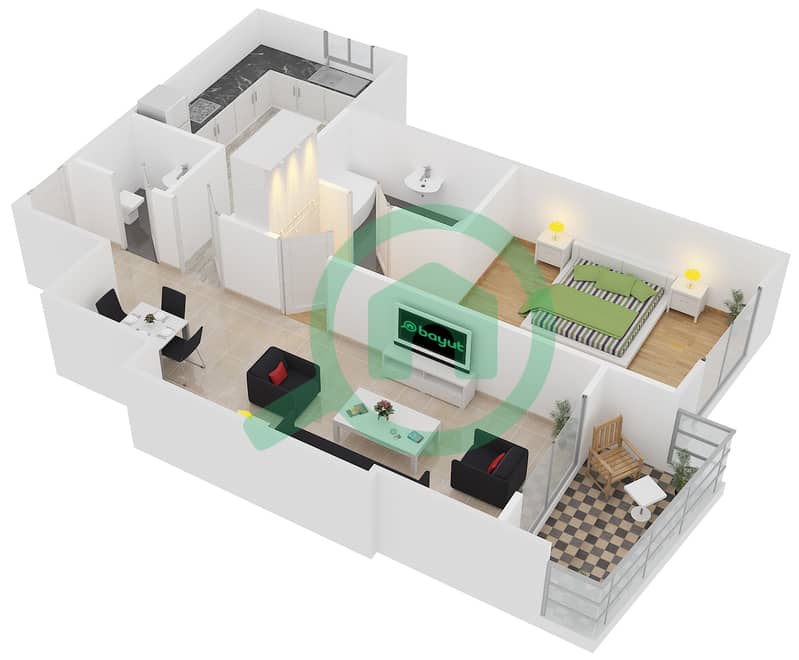 المخططات الطابقية لتصميم النموذج A-8 شقة 1 غرفة نوم - برج أيكون 1 interactive3D