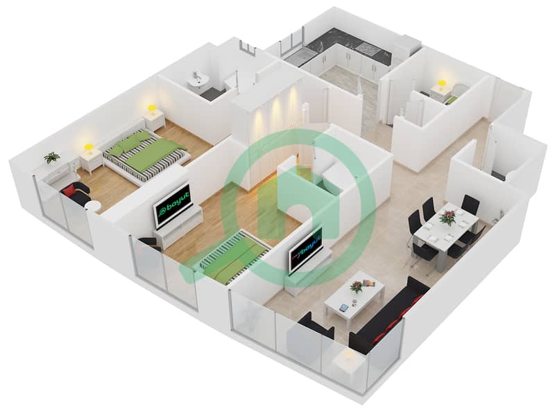 المخططات الطابقية لتصميم النموذج D-2 شقة 2 غرفة نوم - برج أيكون 1 interactive3D