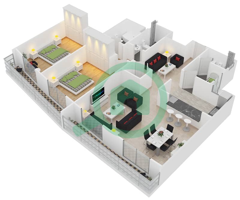 المخططات الطابقية لتصميم النموذج C-3 شقة 2 غرفة نوم - برج أيكون 1 interactive3D