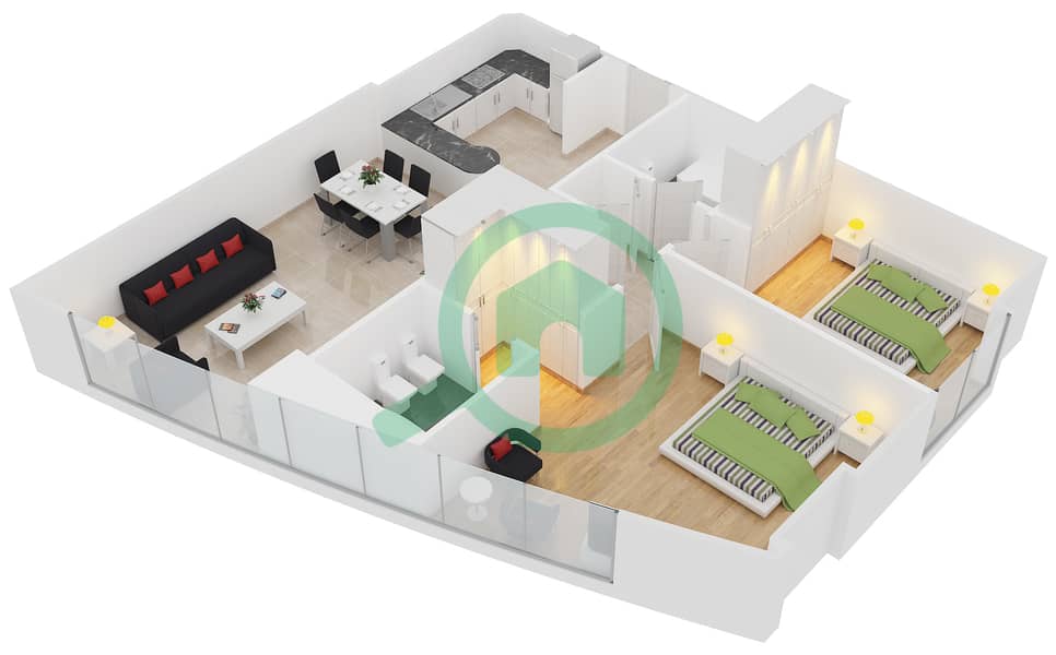 المخططات الطابقية لتصميم النموذج A-1 شقة 2 غرفة نوم - برج أيكون 1 interactive3D