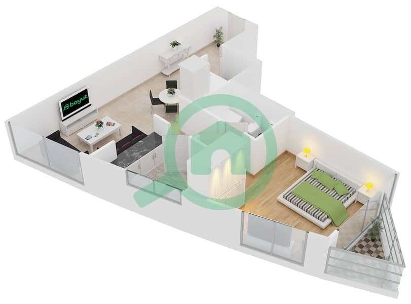 المخططات الطابقية لتصميم النموذج E-9 شقة 1 غرفة نوم - برج أيكون 1 interactive3D