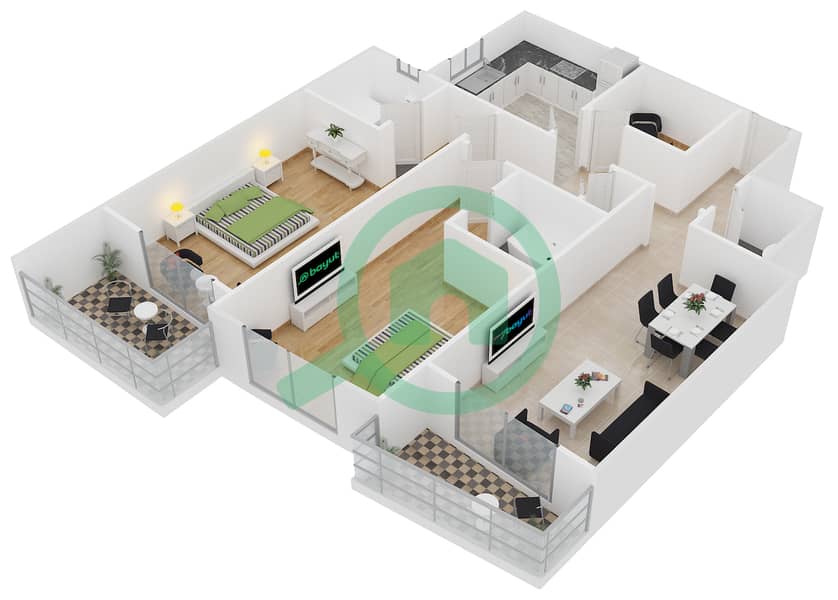 المخططات الطابقية لتصميم النموذج E-3 شقة 2 غرفة نوم - برج أيكون 1 interactive3D