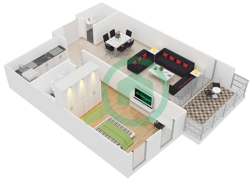 湖城大厦 - 1 卧室公寓类型2,11戶型图 interactive3D