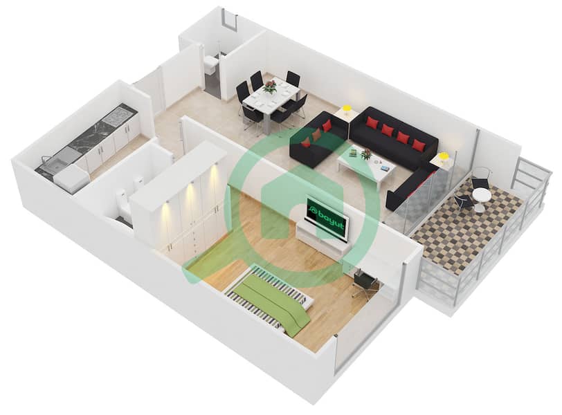 Lake City Tower - 1 Bedroom Apartment Type 4,9 Floor plan interactive3D