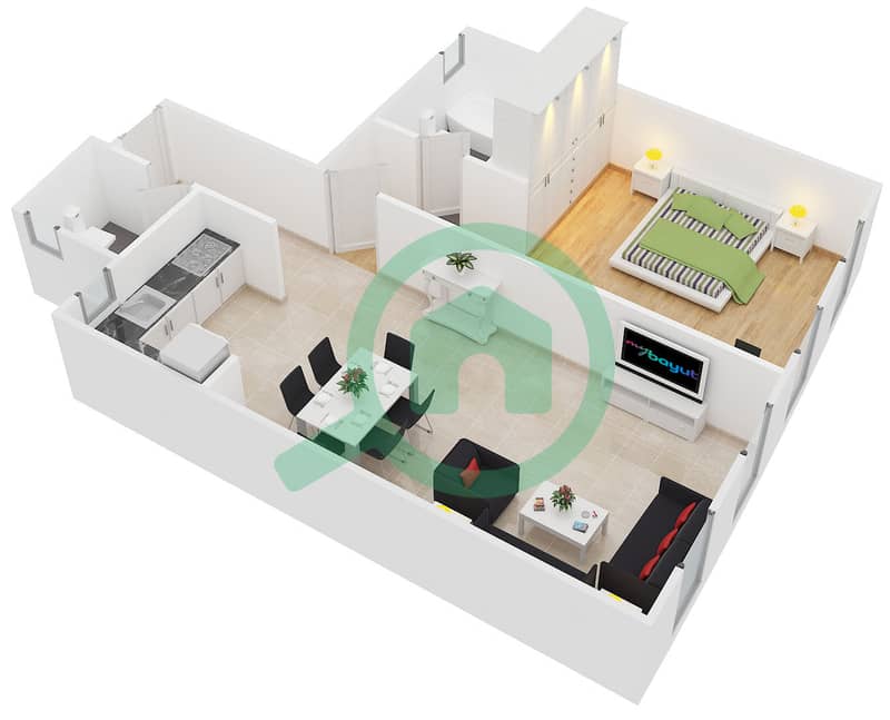 المخططات الطابقية لتصميم النموذج 5,8 شقة 1 غرفة نوم - برج ليك سيتي interactive3D