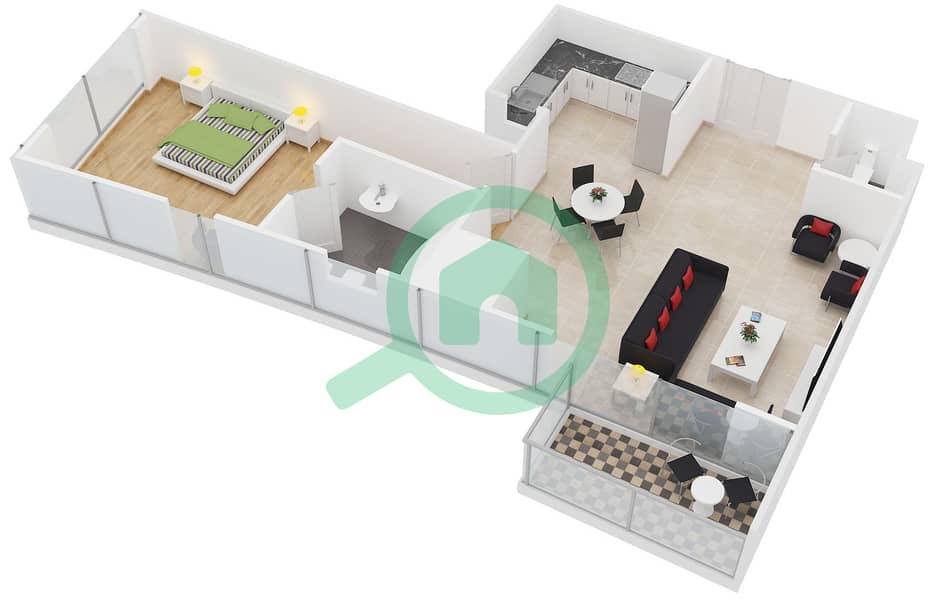 المخططات الطابقية لتصميم النموذج 6,7 شقة 1 غرفة نوم - برج ليك سيتي interactive3D