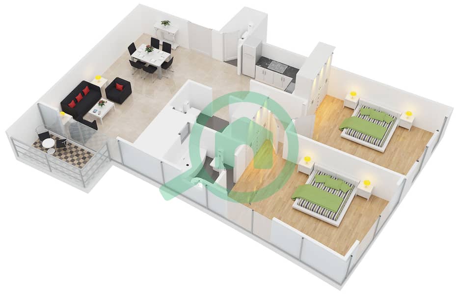 المخططات الطابقية لتصميم النموذج 1,12 شقة 2 غرفة نوم - برج ليك سيتي interactive3D