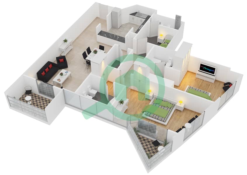 المخططات الطابقية لتصميم النموذج B-4,5 شقة 2 غرفة نوم - برج أيكون 1 interactive3D
