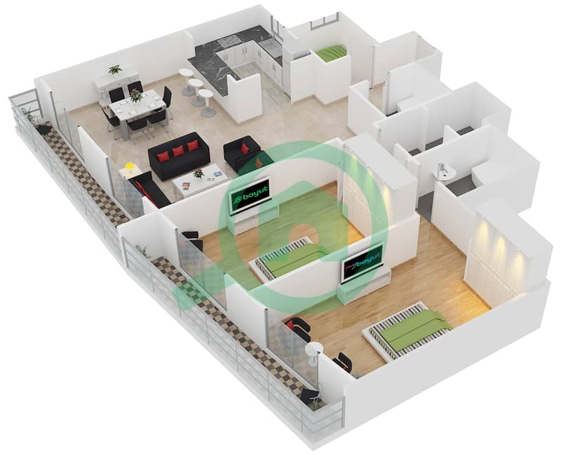 المخططات الطابقية لتصميم النموذج C-6 شقة 2 غرفة نوم - برج أيكون 1 interactive3D