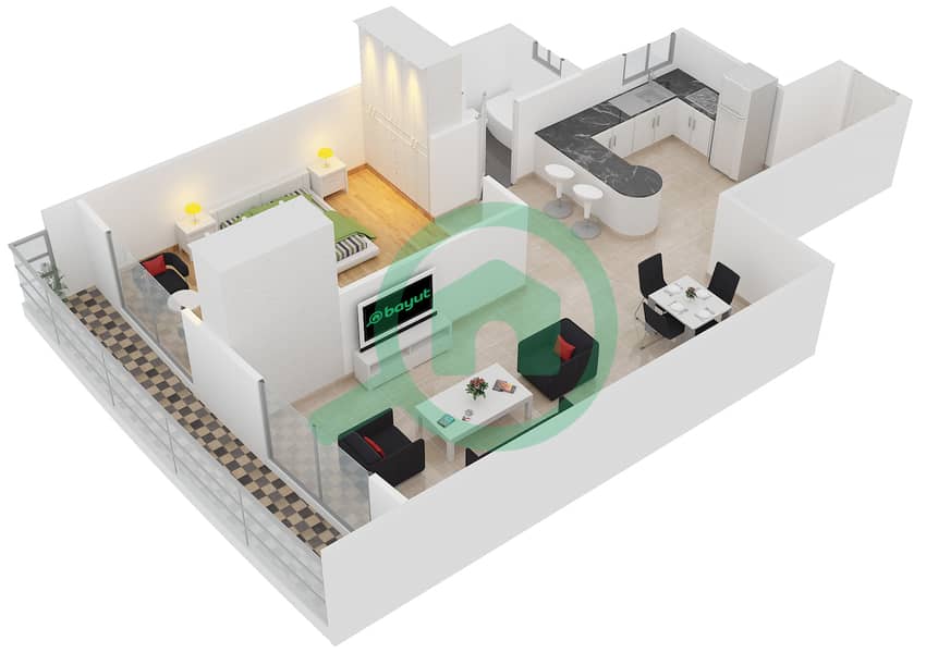 المخططات الطابقية لتصميم النموذج A-7 شقة 1 غرفة نوم - برج أيكون 1 interactive3D