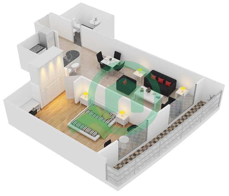 المخططات الطابقية لتصميم النموذج T-4 شقة 1 غرفة نوم - برج أيكون 1 interactive3D