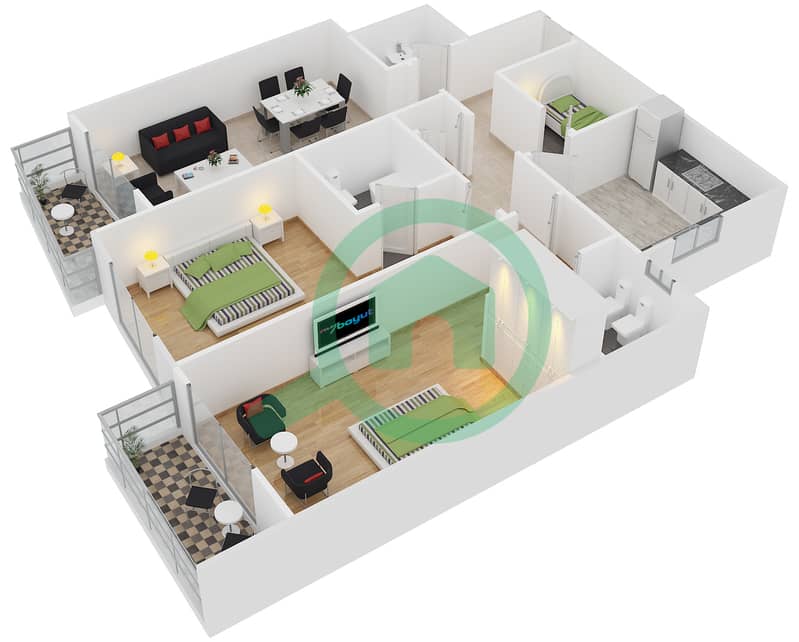 المخططات الطابقية لتصميم النموذج G-11 شقة 2 غرفة نوم - برج أيكون 1 interactive3D