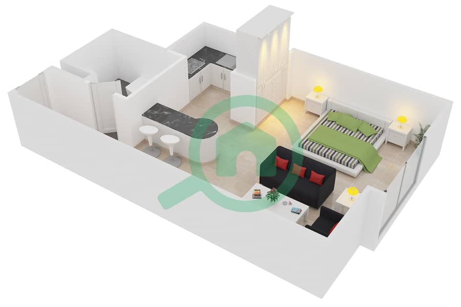 المخططات الطابقية لتصميم النموذج C شقة استوديو - برج أيكون 1 interactive3D