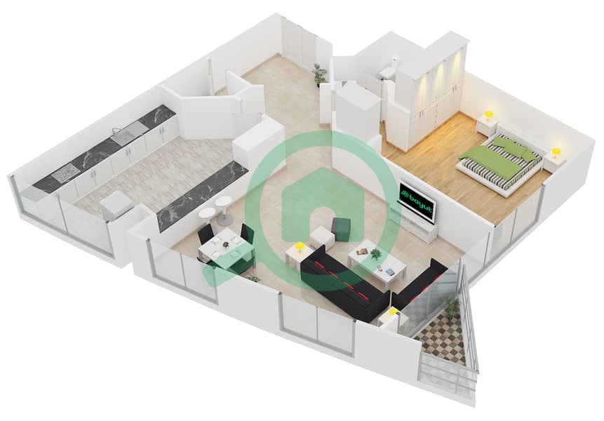 المخططات الطابقية لتصميم النموذج T -1 شقة 1 غرفة نوم - برج أيكون 2 interactive3D