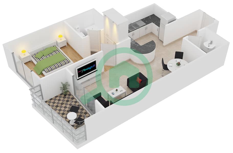 المخططات الطابقية لتصميم النموذج B1 شقة 1 غرفة نوم - برج أيكون 2 interactive3D
