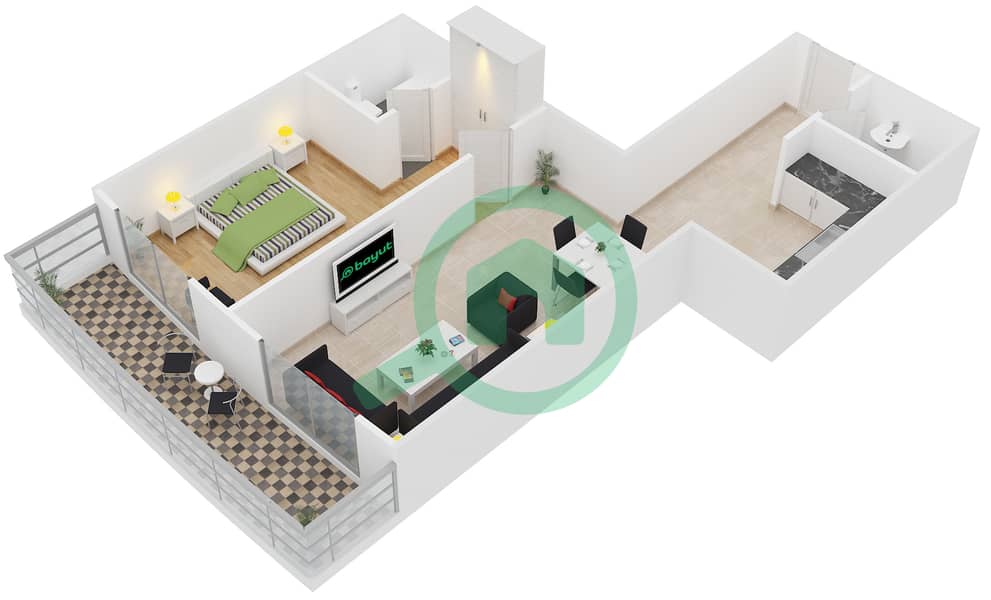 المخططات الطابقية لتصميم النموذج C1 شقة 1 غرفة نوم - برج أيكون 2 interactive3D