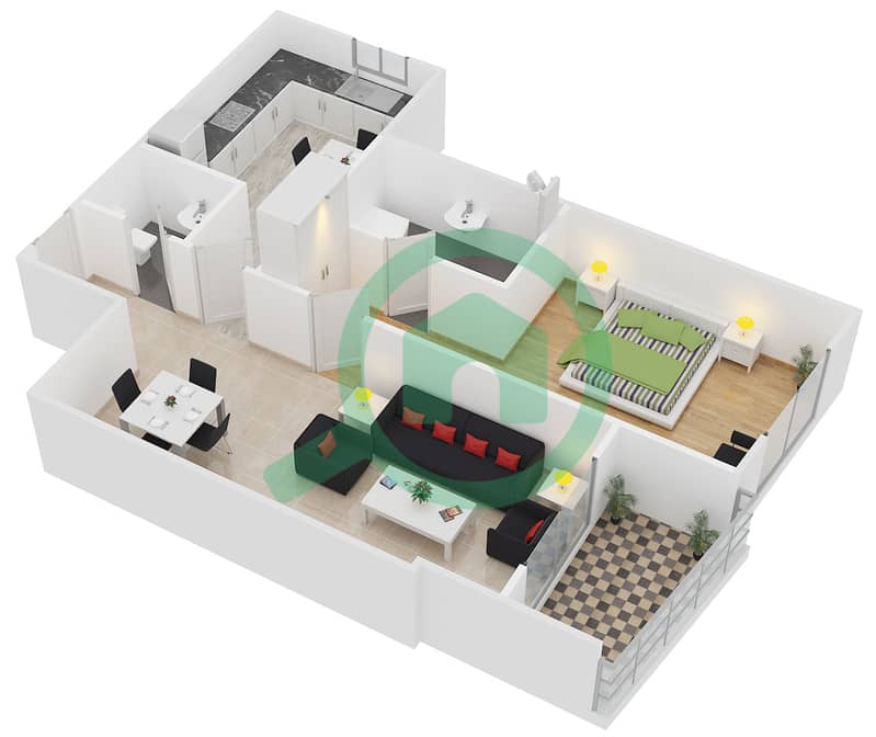 المخططات الطابقية لتصميم النموذج D1 شقة 1 غرفة نوم - برج أيكون 2 interactive3D