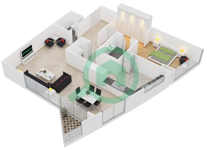 المخططات الطابقية لتصميم النموذج T-2 شقة 1 غرفة نوم - برج أيكون 2 interactive3D