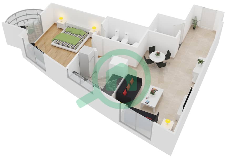 المخططات الطابقية لتصميم النموذج A1 شقة 1 غرفة نوم - برج أيكون 2 interactive3D