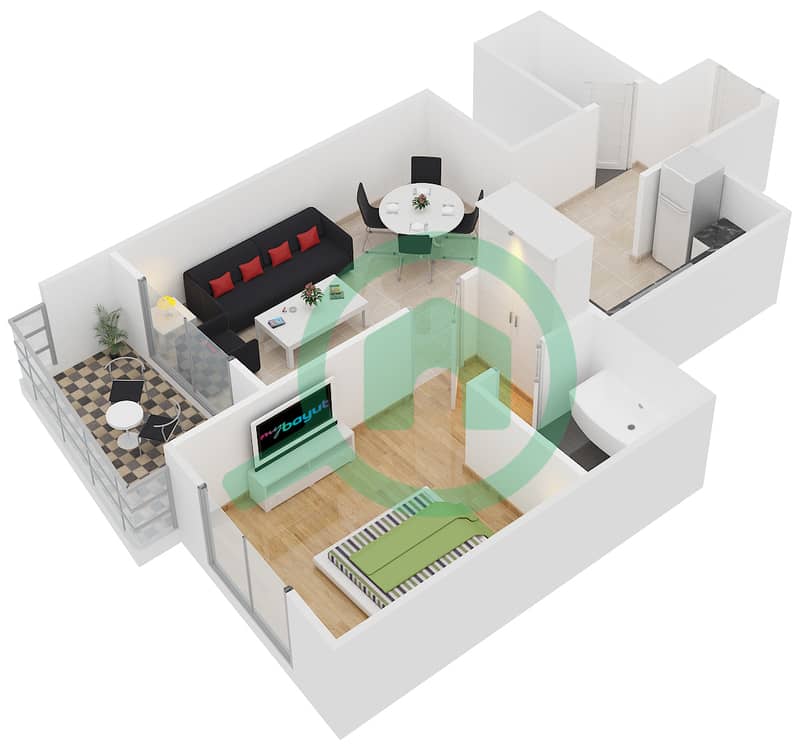 المخططات الطابقية لتصميم النموذج B1-4 شقة 1 غرفة نوم - برج أيكون 2 interactive3D