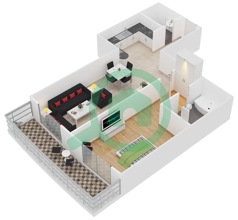 المخططات الطابقية لتصميم النموذج C1-3 شقة 1 غرفة نوم - برج أيكون 2 interactive3D