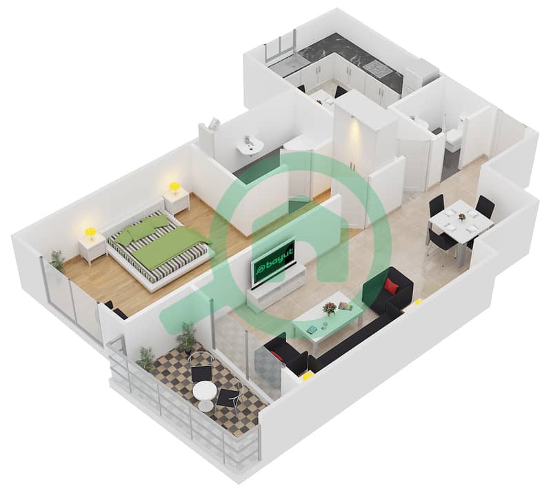 المخططات الطابقية لتصميم النموذج D1-2 شقة 1 غرفة نوم - برج أيكون 2 interactive3D