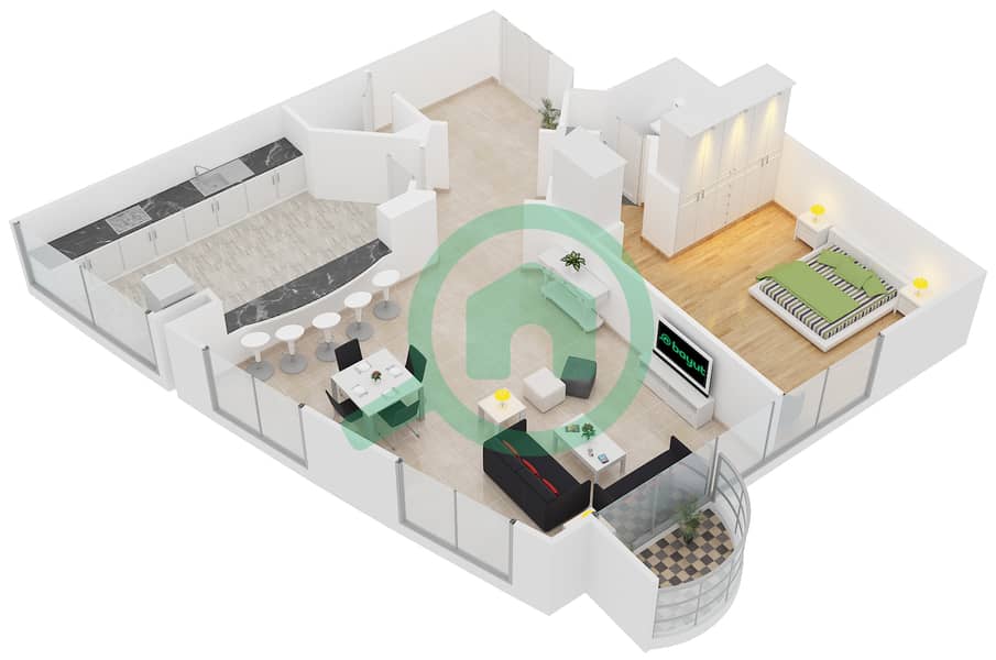 标志2号大厦 - 1 卧室公寓类型E1戶型图 interactive3D