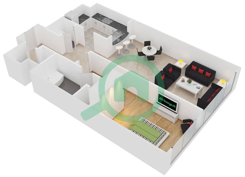 湖心大厦 - 1 卧室公寓类型D戶型图 interactive3D