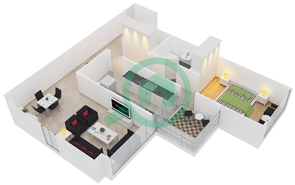 المخططات الطابقية لتصميم النموذج C شقة 1 غرفة نوم - برج ليك بوينت interactive3D