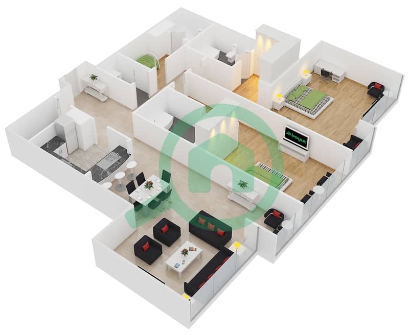 Лейк Поинт Тауэр - Апартамент 2 Cпальни планировка Тип B interactive3D