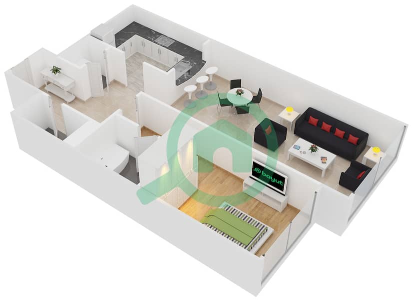 المخططات الطابقية لتصميم النموذج B شقة 1 غرفة نوم - برج ليك بوينت interactive3D