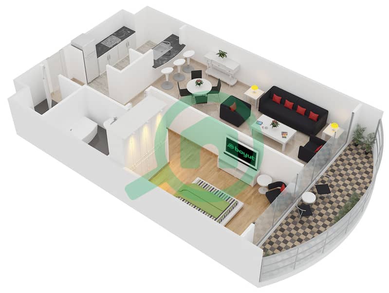 المخططات الطابقية لتصميم النموذج A شقة 1 غرفة نوم - برج ليك بوينت interactive3D