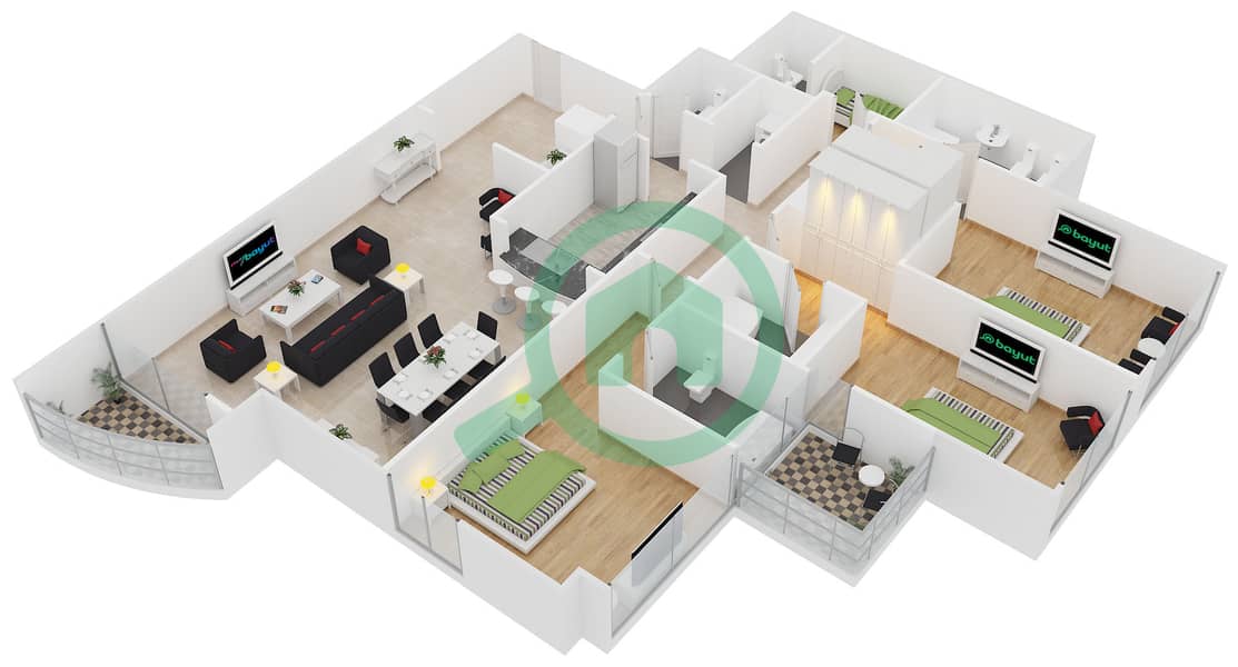 المخططات الطابقية لتصميم النموذج A شقة 3 غرف نوم - برج ليك بوينت interactive3D
