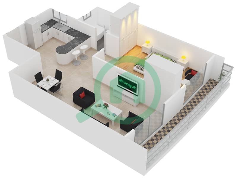 المخططات الطابقية لتصميم النموذج T-A شقة استوديو - برج أيكون 2 interactive3D