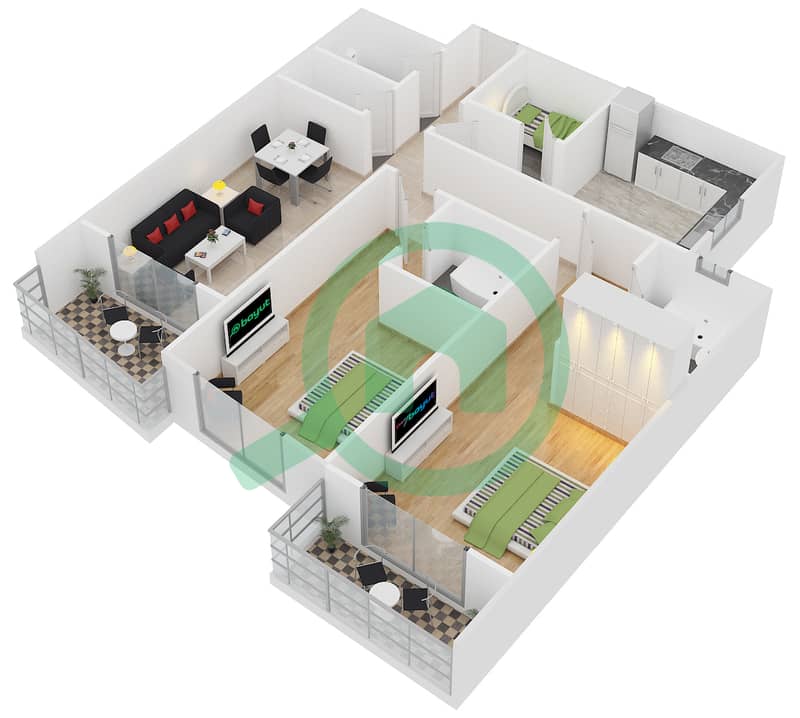 المخططات الطابقية لتصميم النموذج T-2C شقة 2 غرفة نوم - برج أيكون 2 interactive3D