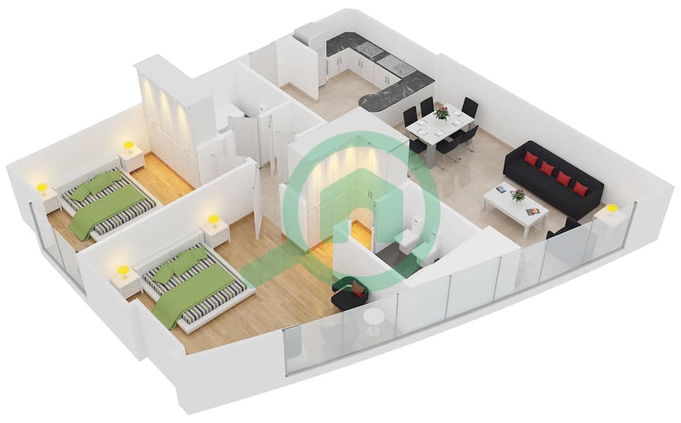 المخططات الطابقية لتصميم النموذج T-3 شقة 2 غرفة نوم - برج أيكون 2 interactive3D