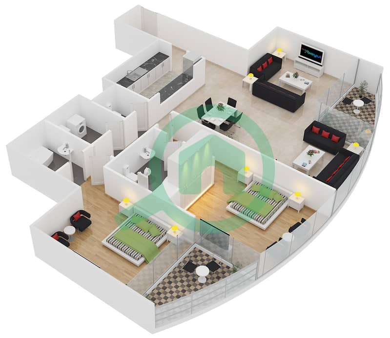 المخططات الطابقية لتصميم النموذج D شقة 2 غرفة نوم - برج ليك شور interactive3D