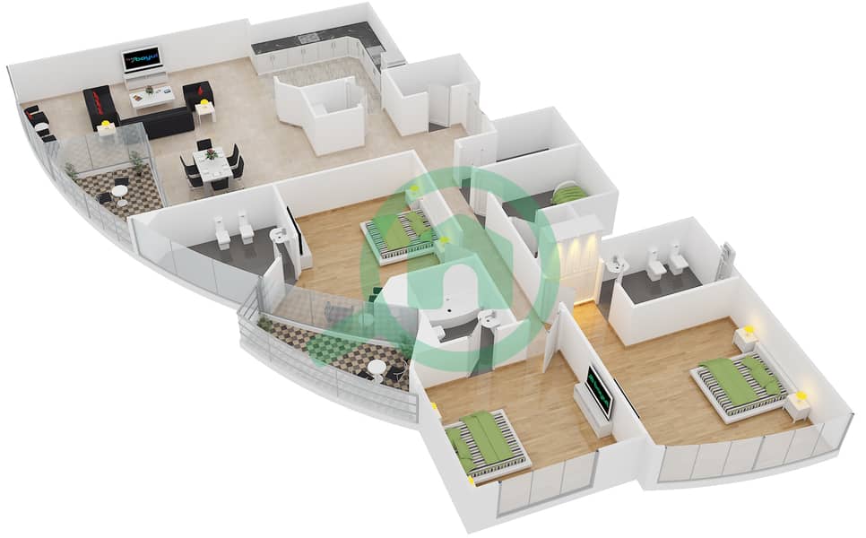 المخططات الطابقية لتصميم النموذج A شقة 3 غرف نوم - برج ليك شور interactive3D