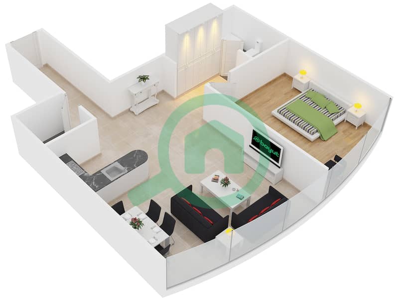 المخططات الطابقية لتصميم النموذج B شقة 1 غرفة نوم - برج ليك شور interactive3D