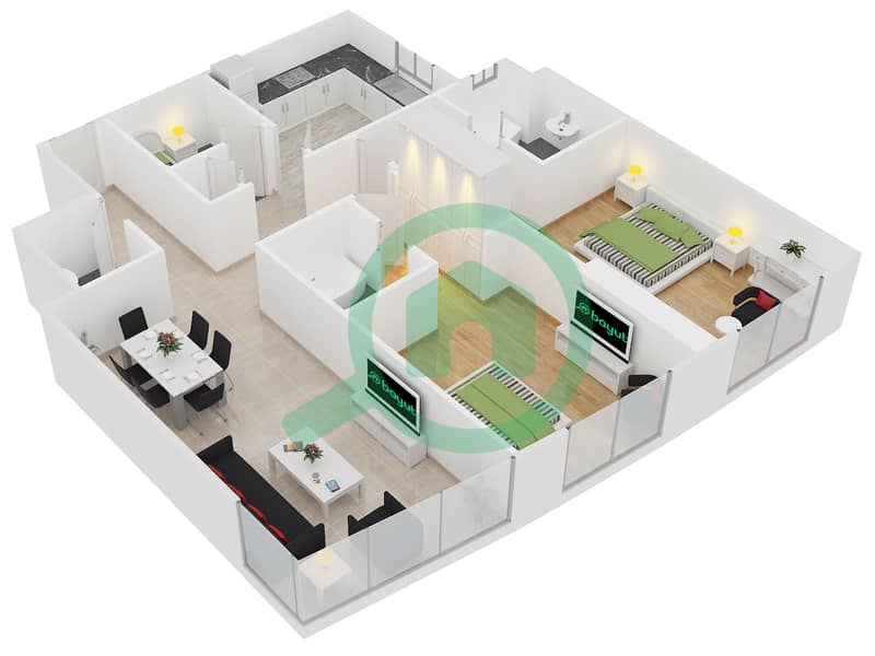 المخططات الطابقية لتصميم النموذج T-5 شقة 2 غرفة نوم - برج أيكون 2 interactive3D